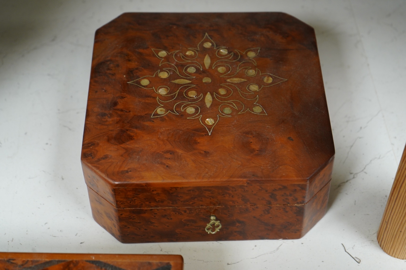 A collection of assorted 20th century yew wood boxes